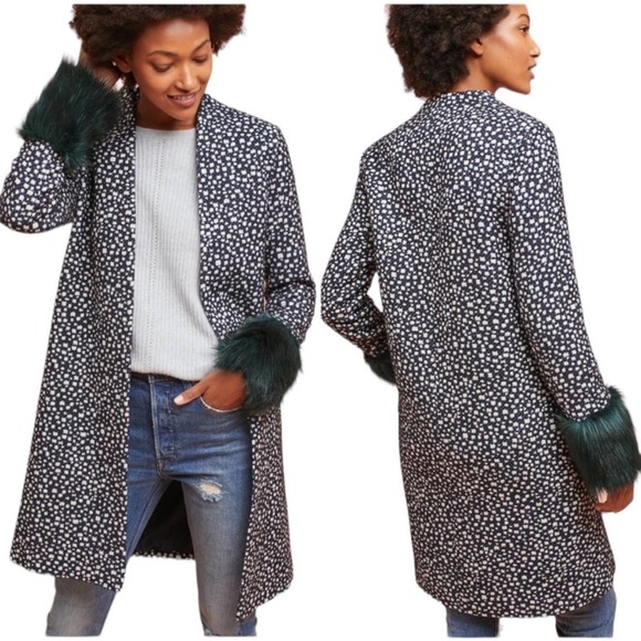 Anthropologie x Helene Berman Coat Rains Faux Fur Cuff Spotted Black White 4 - Picture 1 of 7